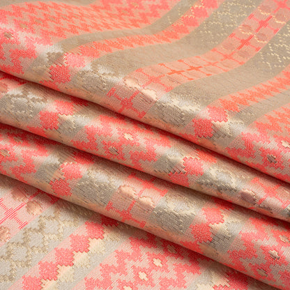 Metallic Polyester Brocade - Neon Coral, Gold and White Geometric Stripes - Deadstock