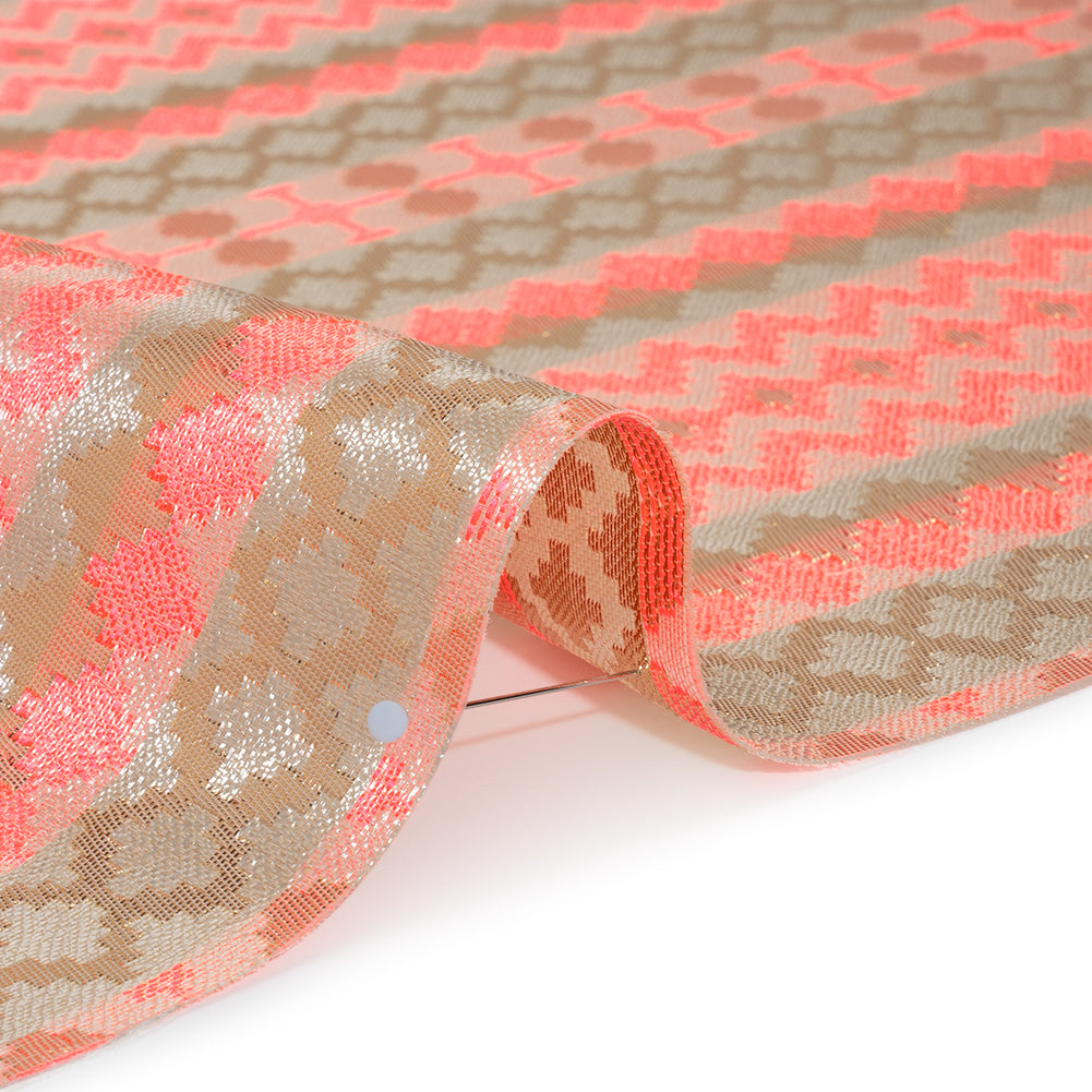 Metallic Polyester Brocade - Neon Coral, Gold and White Geometric Stripes - Deadstock - Detail