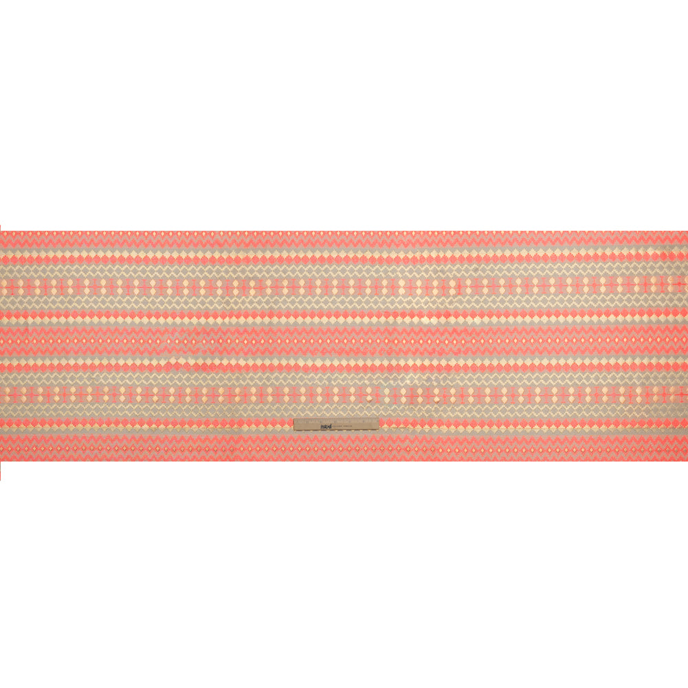 Metallic Polyester Brocade - Neon Coral, Gold and White Geometric Stripes - Deadstock - Full