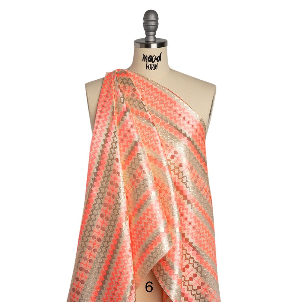 Metallic Polyester Brocade - Neon Coral, Gold and White Geometric Stripes - Deadstock - Drape