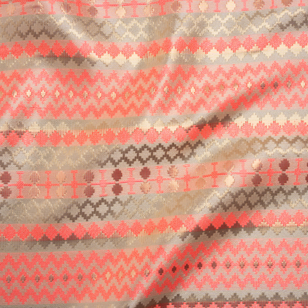 Metallic Polyester Brocade - Neon Coral, Gold and White Geometric Stripes - Deadstock