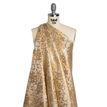Metallic Polyester Brocade - Gold and Beige Puff Flowers - Deadstock