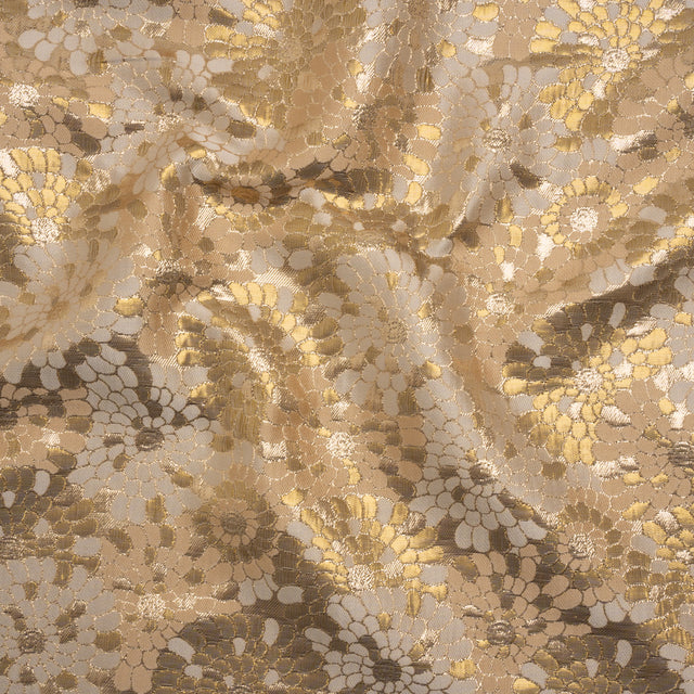 Metallic Polyester Brocade - Gold and Beige Puff Flowers - Deadstock