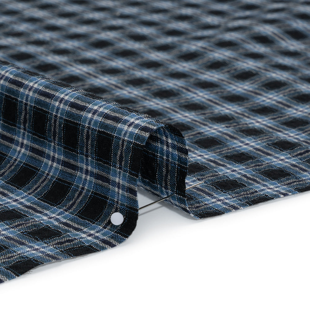 Cotton and Polyester Shirting Made in Italy - Black, Navy and White Plaid - Deadstock - Detail