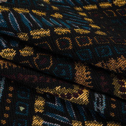 Textured Polyester and Cotton Jacquard Made in Italy - Black, Teal and Golden Yellow Organic Chevrons - Deadstock