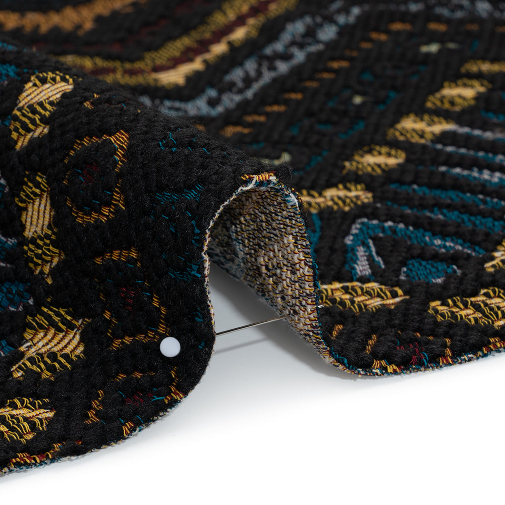 Textured Polyester and Cotton Jacquard Made in Italy - Black, Teal and Golden Yellow Organic Chevrons - Deadstock