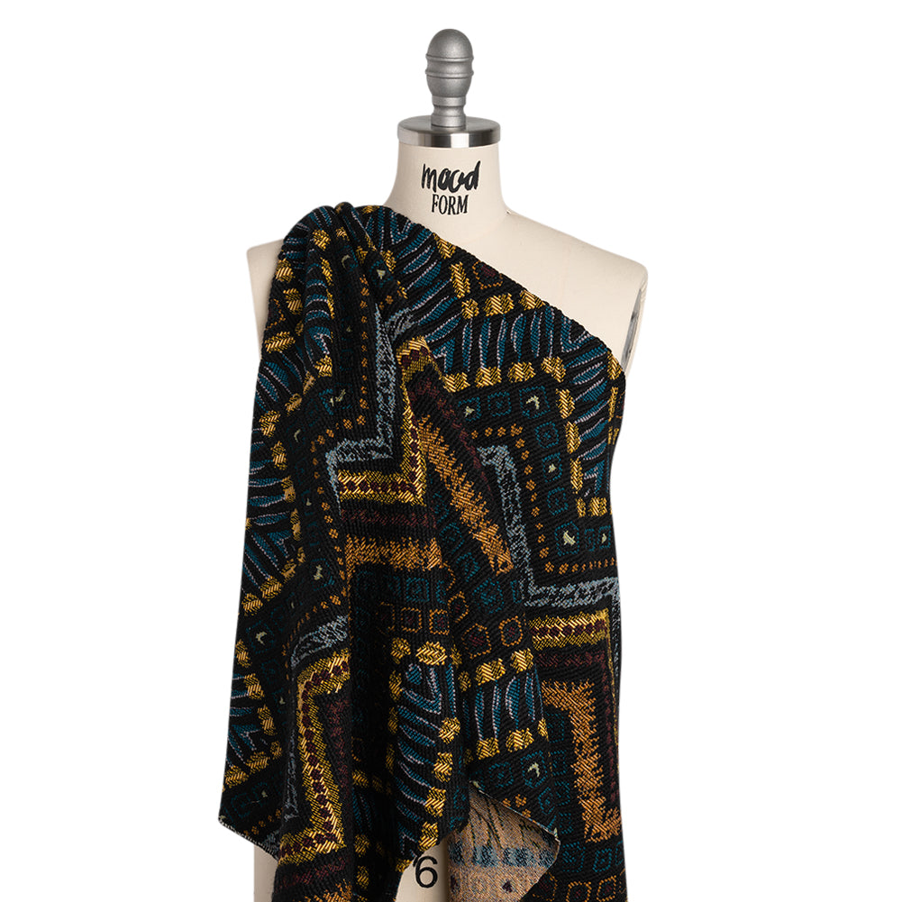 Textured Polyester and Cotton Jacquard Made in Italy - Black, Teal and Golden Yellow Organic Chevrons - Deadstock
