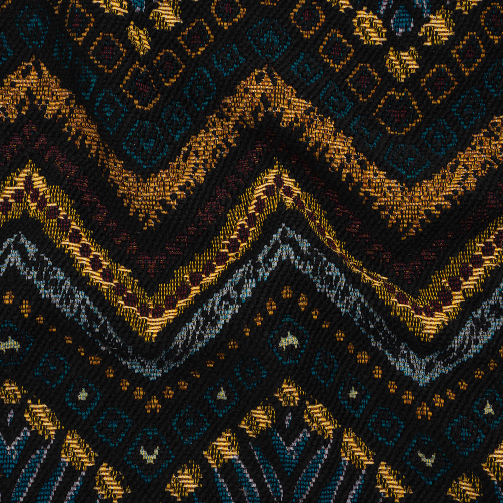 Textured Polyester and Cotton Jacquard Made in Italy - Black, Teal and Golden Yellow Organic Chevrons - Deadstock