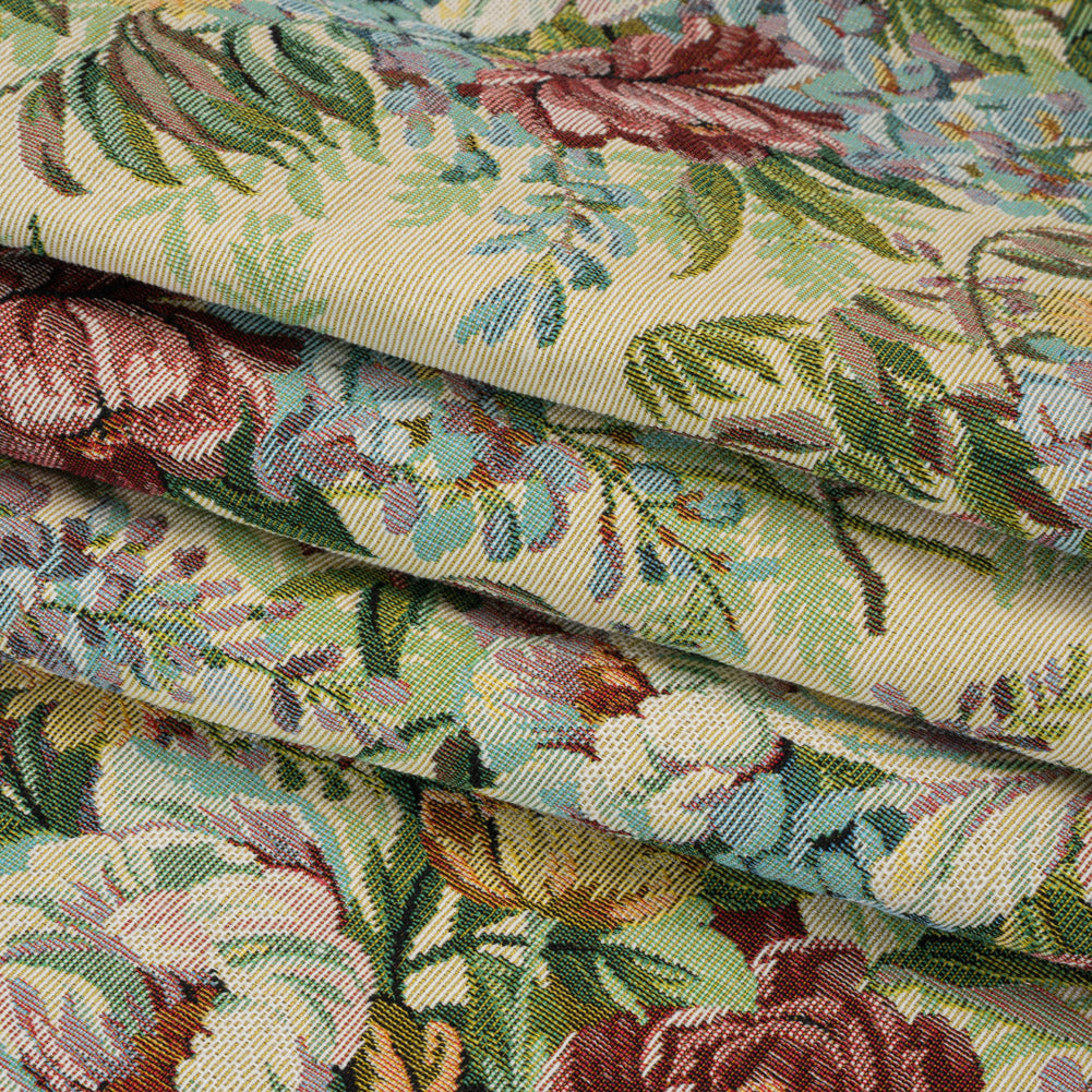 Polyester and Cotton Jacquard Made in Italy - Wine Red, Leaf Green, and Yellow Rose Garden - Deadstock