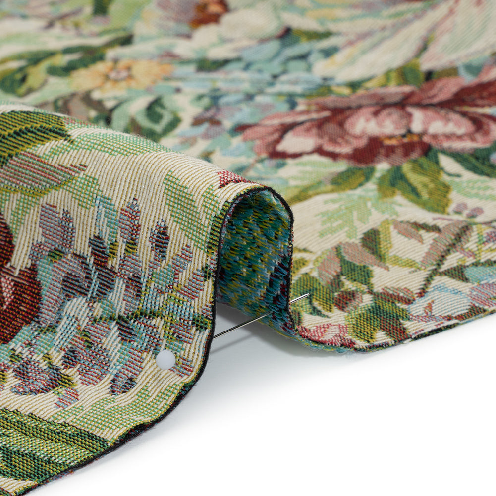 Polyester and Cotton Jacquard Made in Italy - Wine Red, Leaf Green, and Yellow Rose Garden - Deadstock