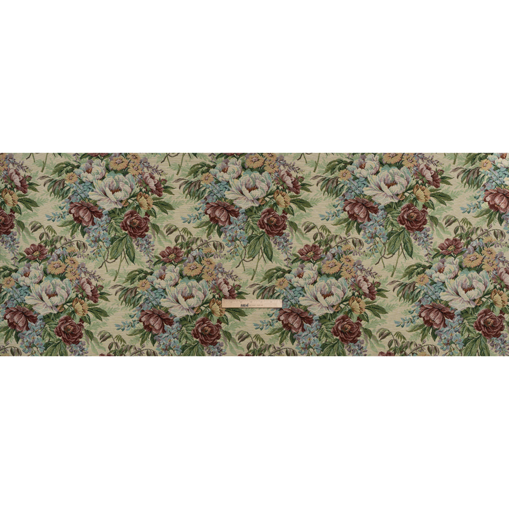 Polyester and Cotton Jacquard Made in Italy - Wine Red, Leaf Green, and Yellow Rose Garden - Deadstock