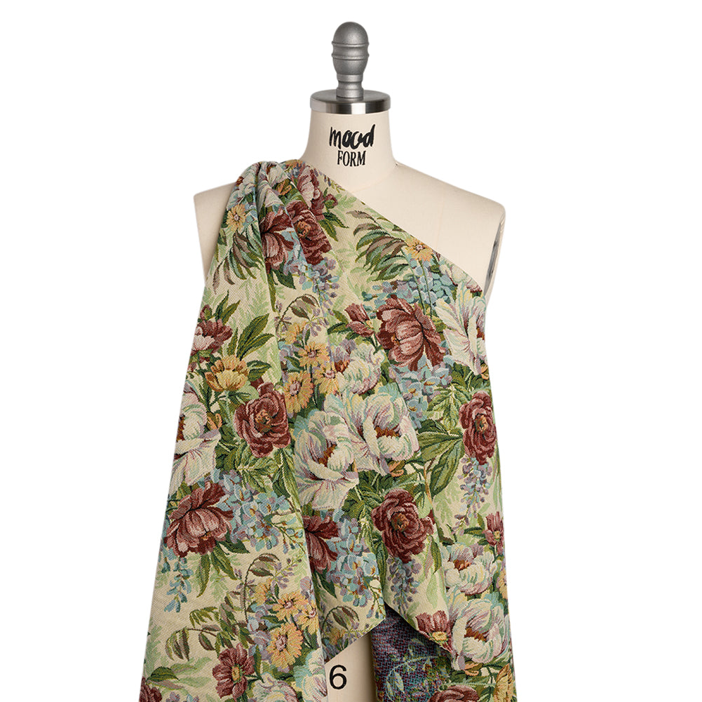 Polyester and Cotton Jacquard Made in Italy - Wine Red, Leaf Green, and Yellow Rose Garden - Deadstock