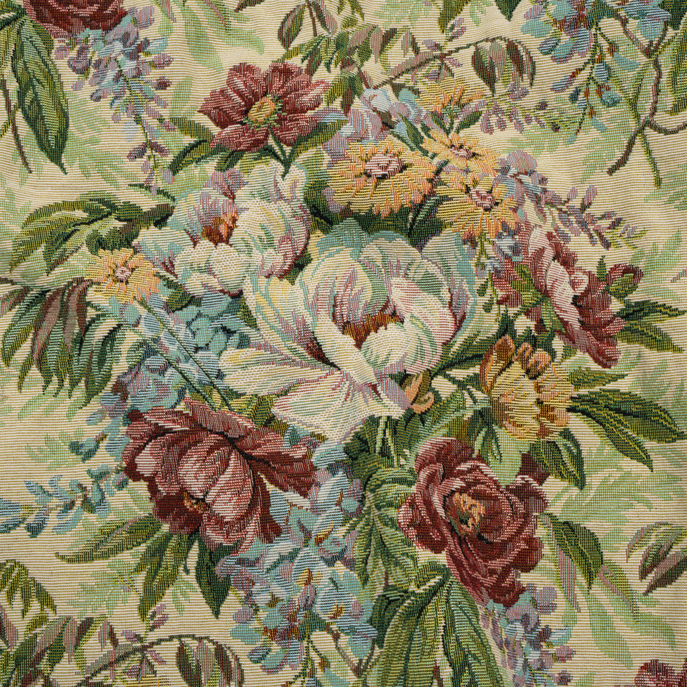 Polyester and Cotton Jacquard Made in Italy - Wine Red, Leaf Green, and Yellow Rose Garden - Deadstock