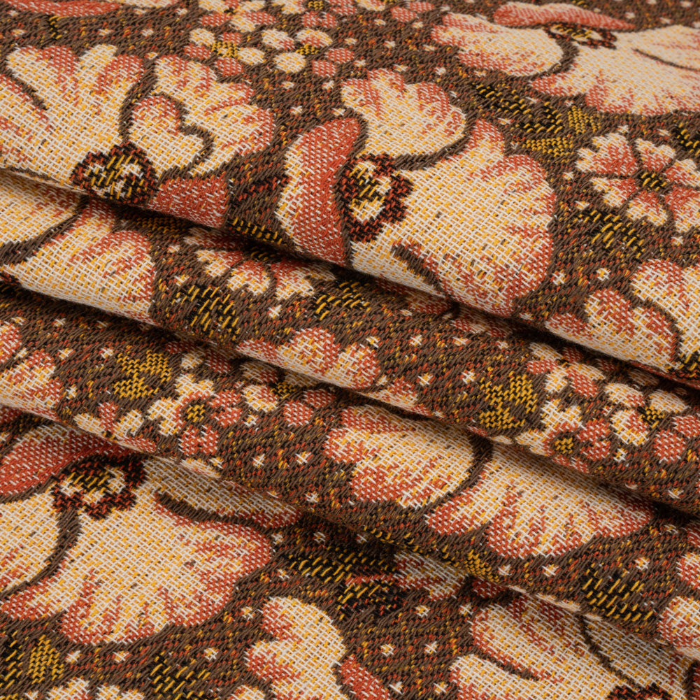 Polyester and Cotton Jacquard Made in Italy - Dark Peach, Mustard Yellow and Brown Floral - Deadstock