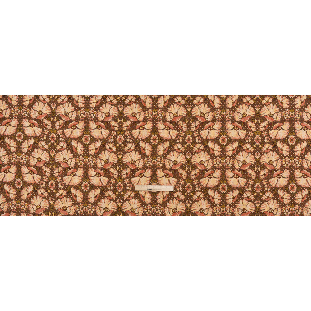 Polyester and Cotton Jacquard Made in Italy - Dark Peach, Mustard Yellow and Brown Floral - Deadstock