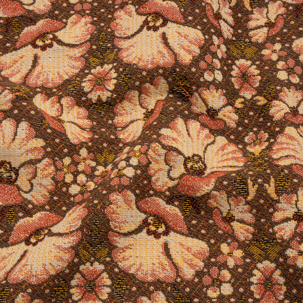 Polyester and Cotton Jacquard Made in Italy - Dark Peach, Mustard Yellow and Brown Floral - Deadstock