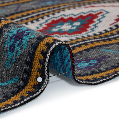 Heavy Wool Blend Jacquard - Turquoise, Mustard Yellow and Red Southwestern Geometric Stripes - Deadstock