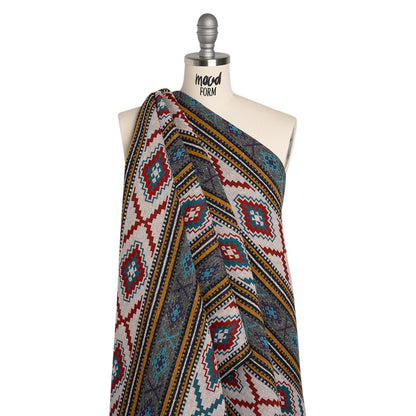 Heavy Wool Blend Jacquard - Turquoise, Mustard Yellow and Red Southwestern Geometric Stripes - Deadstock