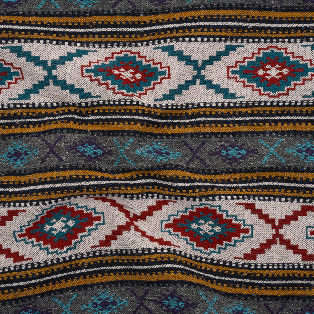 Heavy Wool Blend Jacquard - Turquoise, Mustard Yellow and Red Southwestern Geometric Stripes - Deadstock