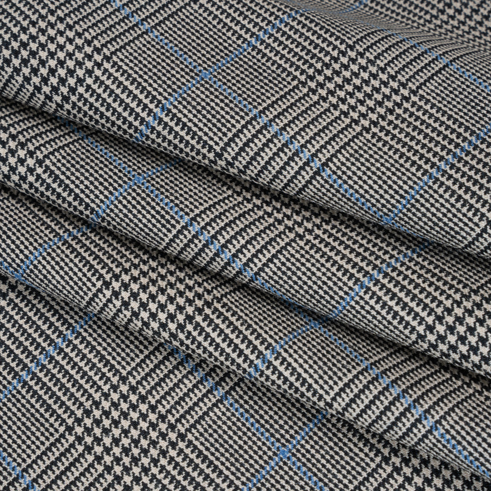 Wool Suiting Made in Italy - Black, White and Sky Blue Glen Plaid - Deadstock