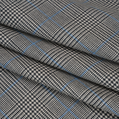 Wool Suiting Made in Italy - Black, White and Sky Blue Glen Plaid - Deadstock
