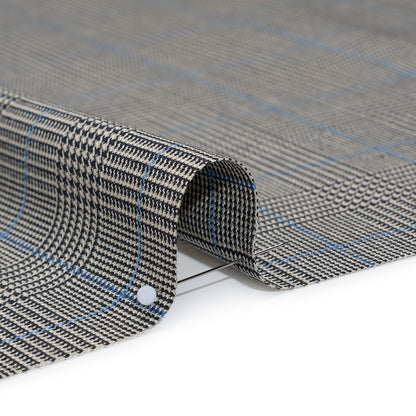 Wool Suiting Made in Italy - Black, White and Sky Blue Glen Plaid - Deadstock