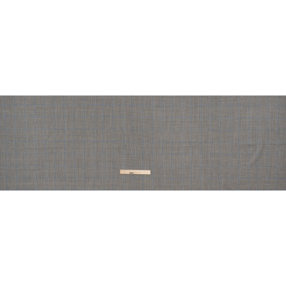 Wool Suiting Made in Italy - Black, White and Sky Blue Glen Plaid - Deadstock