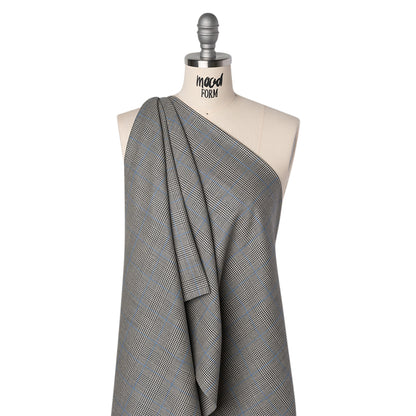 Wool Suiting Made in Italy - Black, White and Sky Blue Glen Plaid - Deadstock