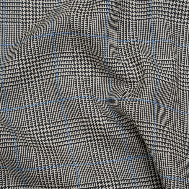 Wool Suiting Made in Italy - Black, White and Sky Blue Glen Plaid - Deadstock