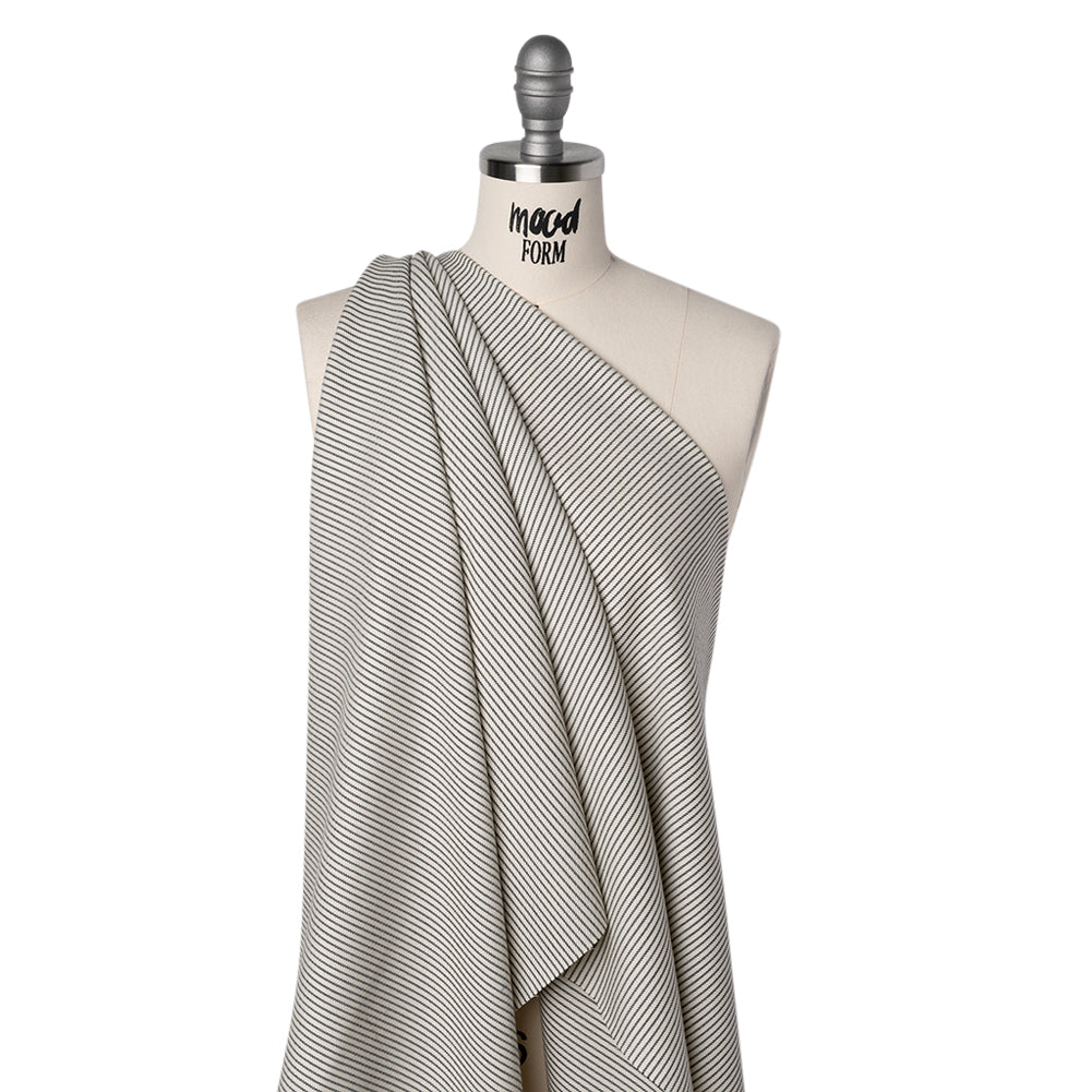 Wool Twill Suiting by Alexander McQueen - Cream and Black Chalk Stripes - Designer Deadstock Drape