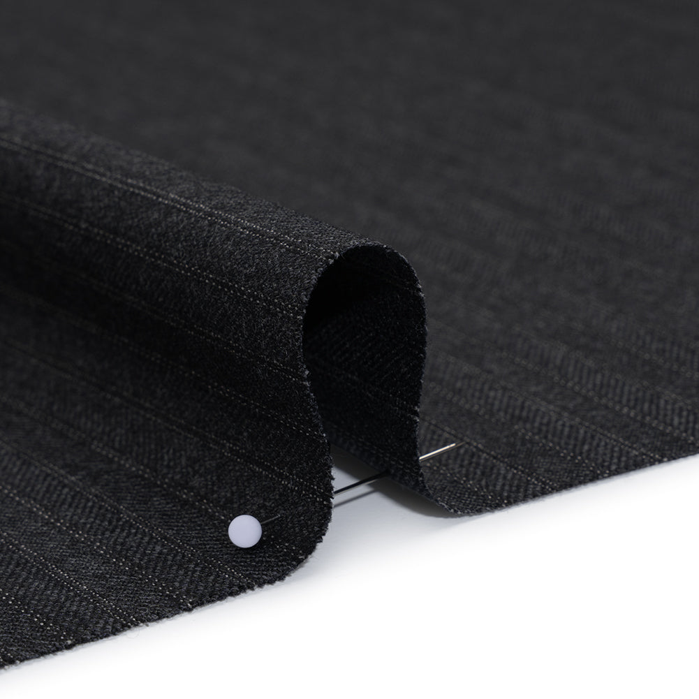 Herringbone Twill Wool Suiting by Alexander McQueen - Charcoal and White Stripes - Designer Deadstock Detail