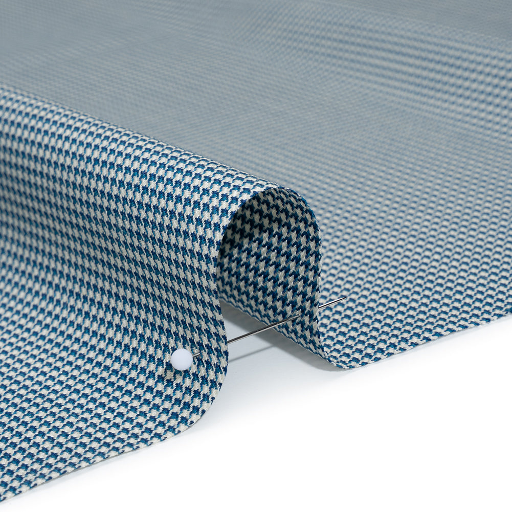 Wool Twill Suiting by Alexander McQueen - Blue, Teal and White Houndstooth - Designer Deadstock - Detail