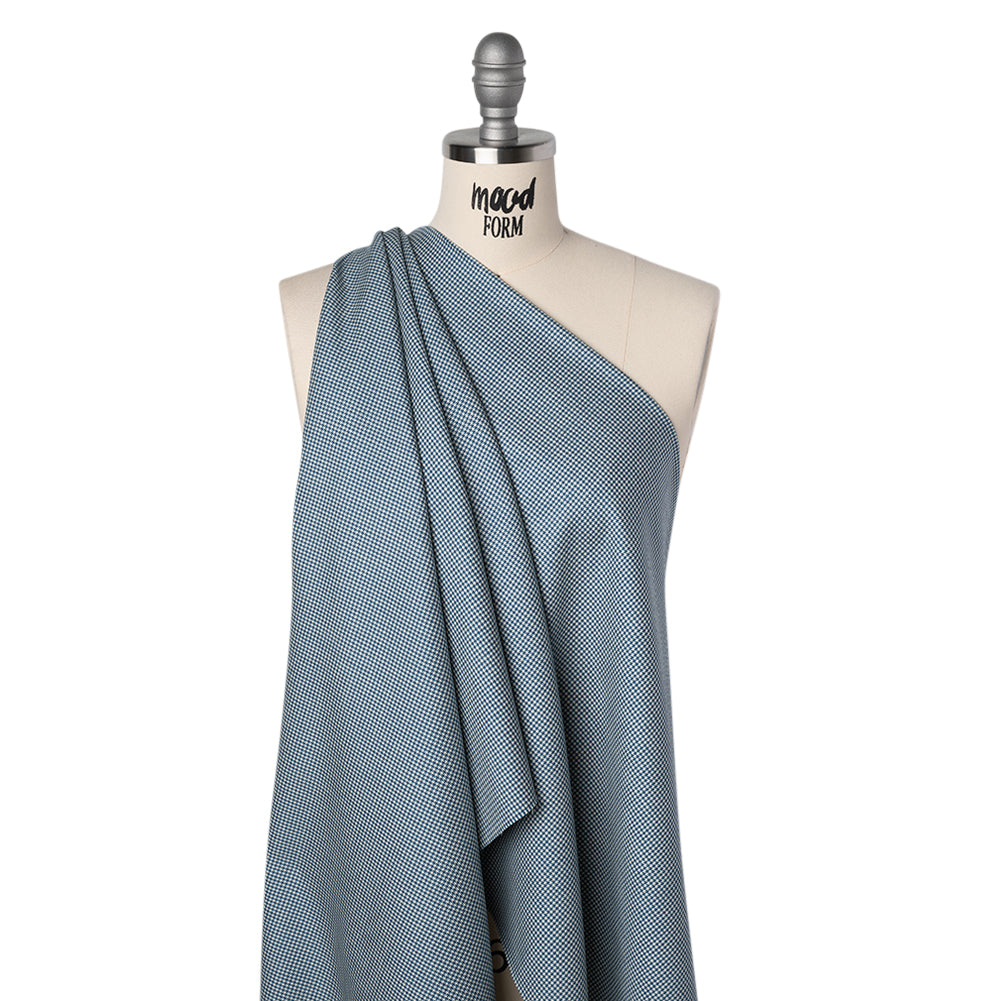 Wool Twill Suiting by Alexander McQueen - Blue, Teal and White Houndstooth - Designer Deadstock - Drape