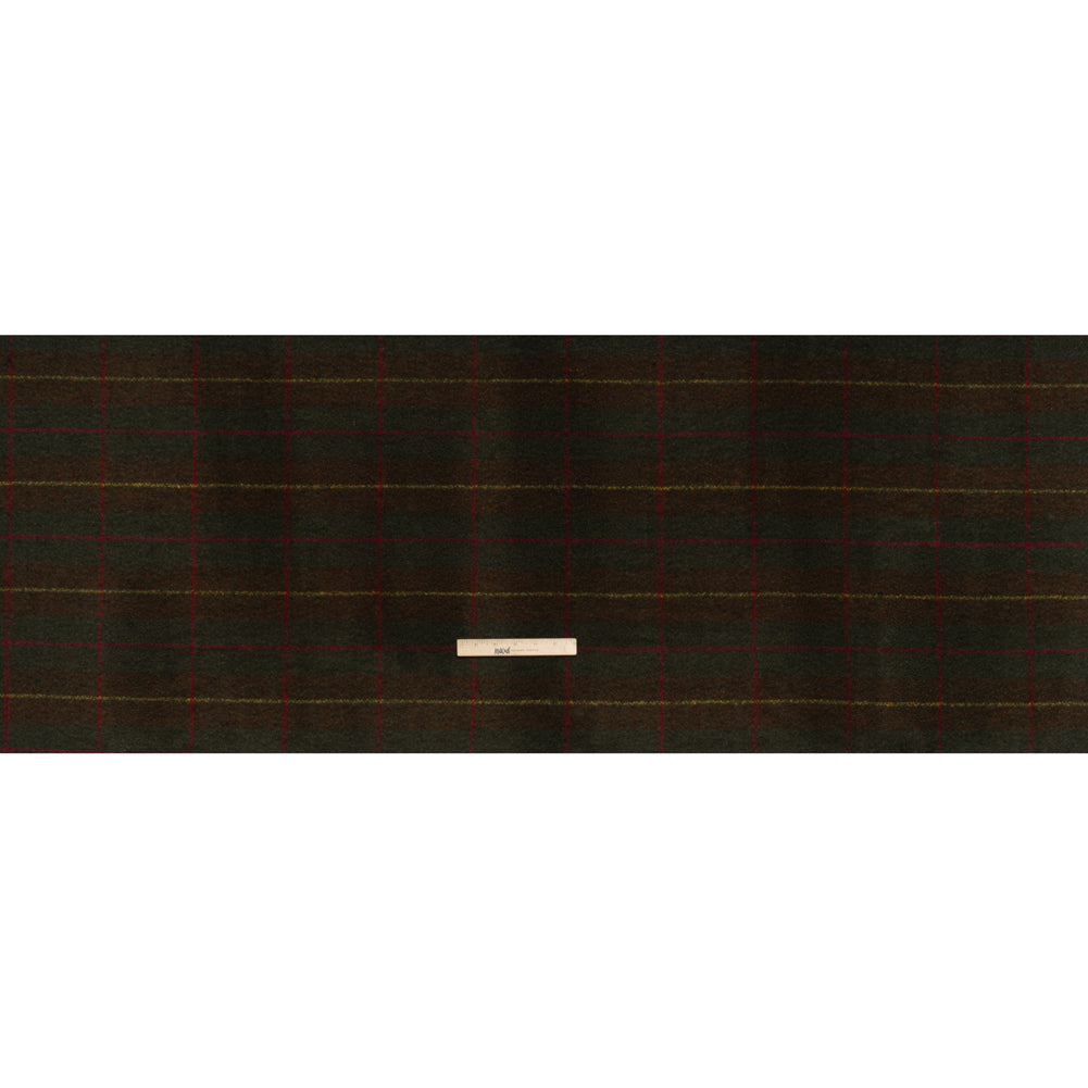 Brushed Tweedy Wool Boucle Coating - Green, Brown and Yellow Plaid - Deadstock