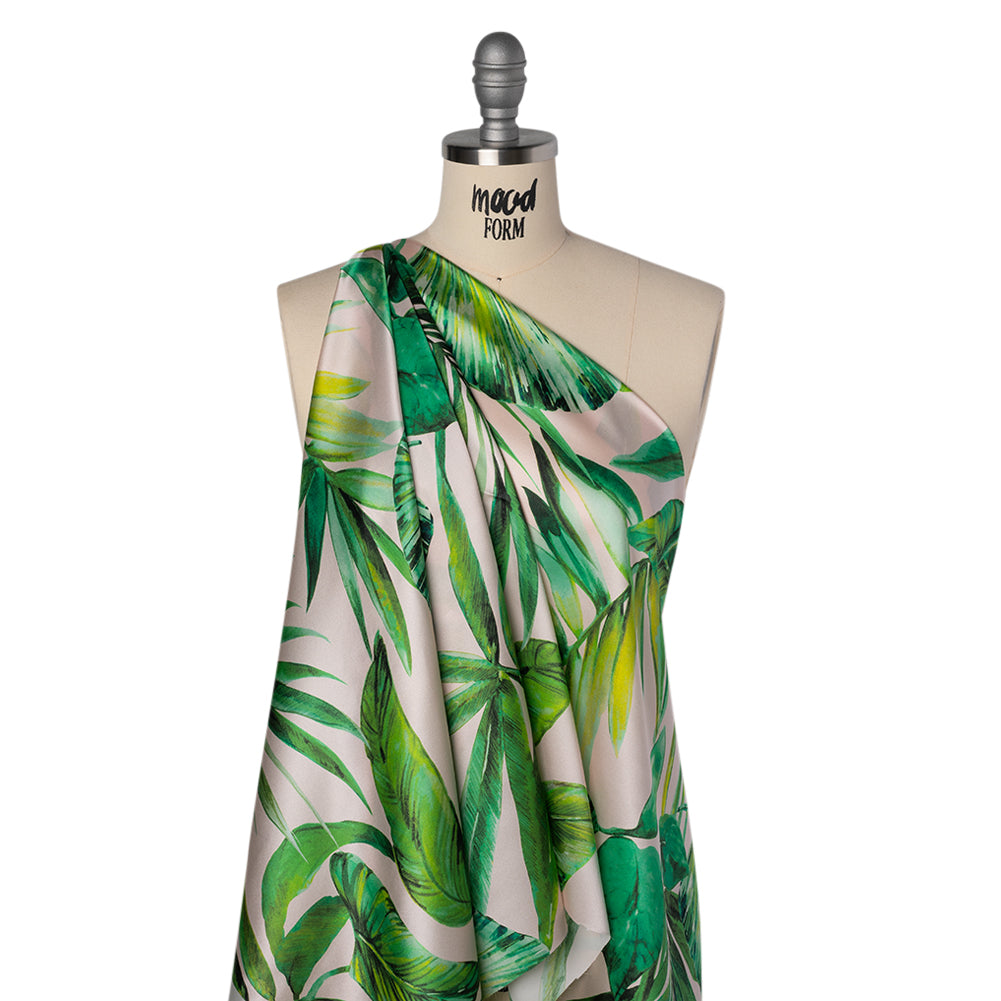 Silk Charmeuse Print 16MM, Made in Italy - Cream and Green Tropical Leaves Folded