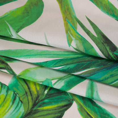 Silk Charmeuse Print 16MM, Made in Italy - Cream and Green Tropical Leaves Detail