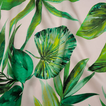 Silk Charmeuse Print 16MM, Made in Italy - Cream and Green Tropical Leaves Drape