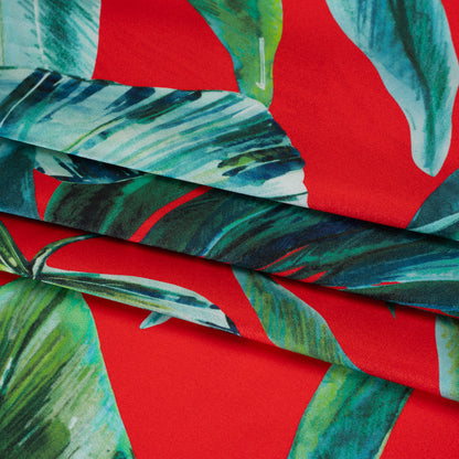 Silk Charmeuse Print 16MM, Made in Italy - Red and Green Tropical Leaves Detail