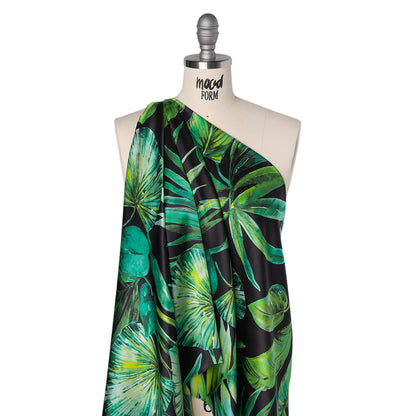 Silk Charmeuse Print 16MM, Made in Italy - Black and Green Tropical Leaves