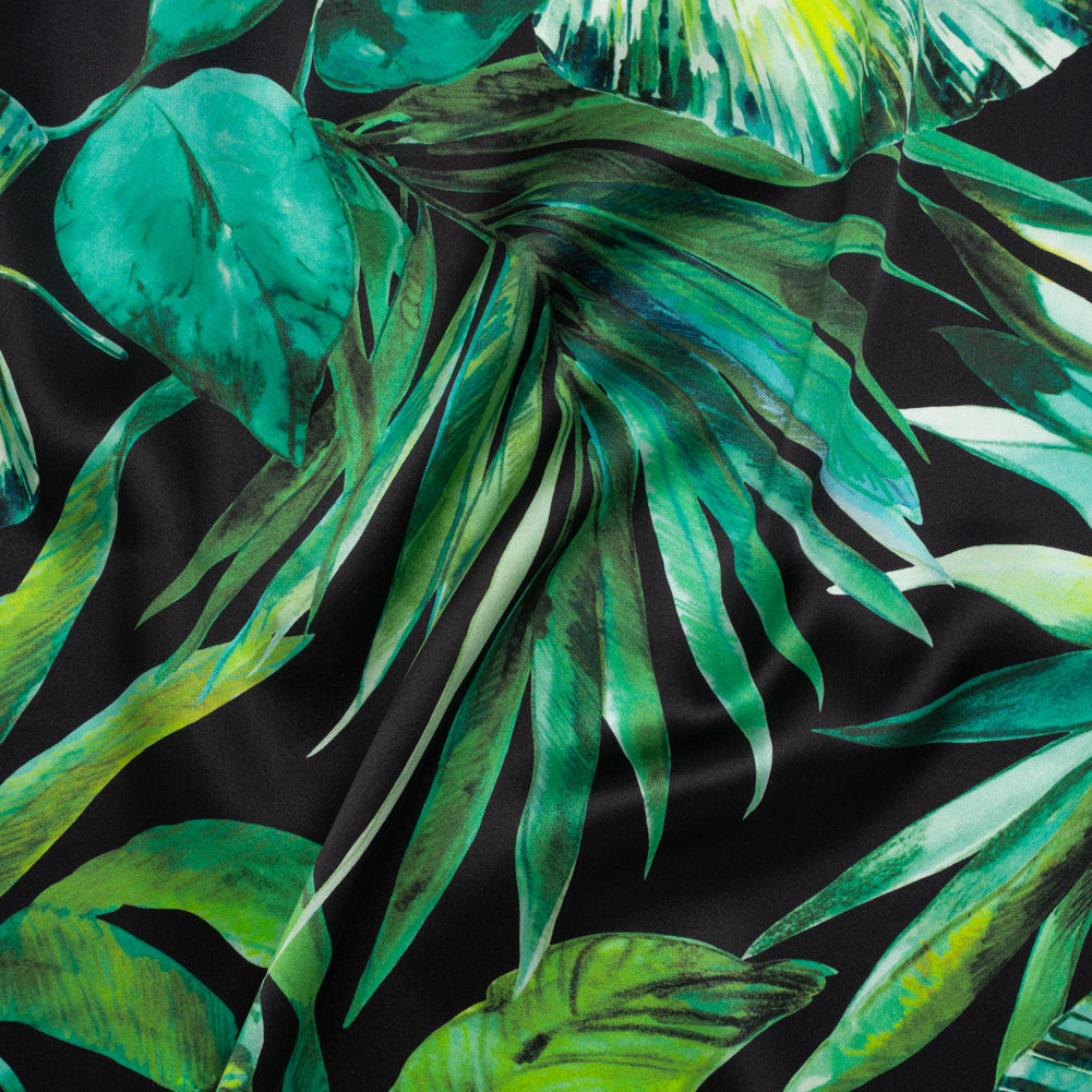 Silk Charmeuse Print 16MM, Made in Italy - Black and Green Tropical Leaves - Drape