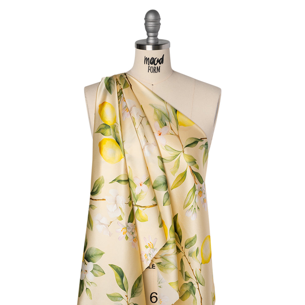 Silk Charmeuse Print 16MM, Made in Italy - Cream, Green and Yellow Blossoming Lemon Tree - Folded