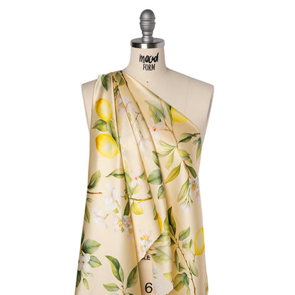 Silk Charmeuse Print 16MM, Made in Italy - Cream, Green and Yellow Blossoming Lemon Tree