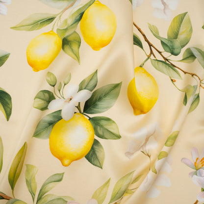 Silk Charmeuse Print 16MM, Made in Italy - Cream, Green and Yellow Blossoming Lemon Tree