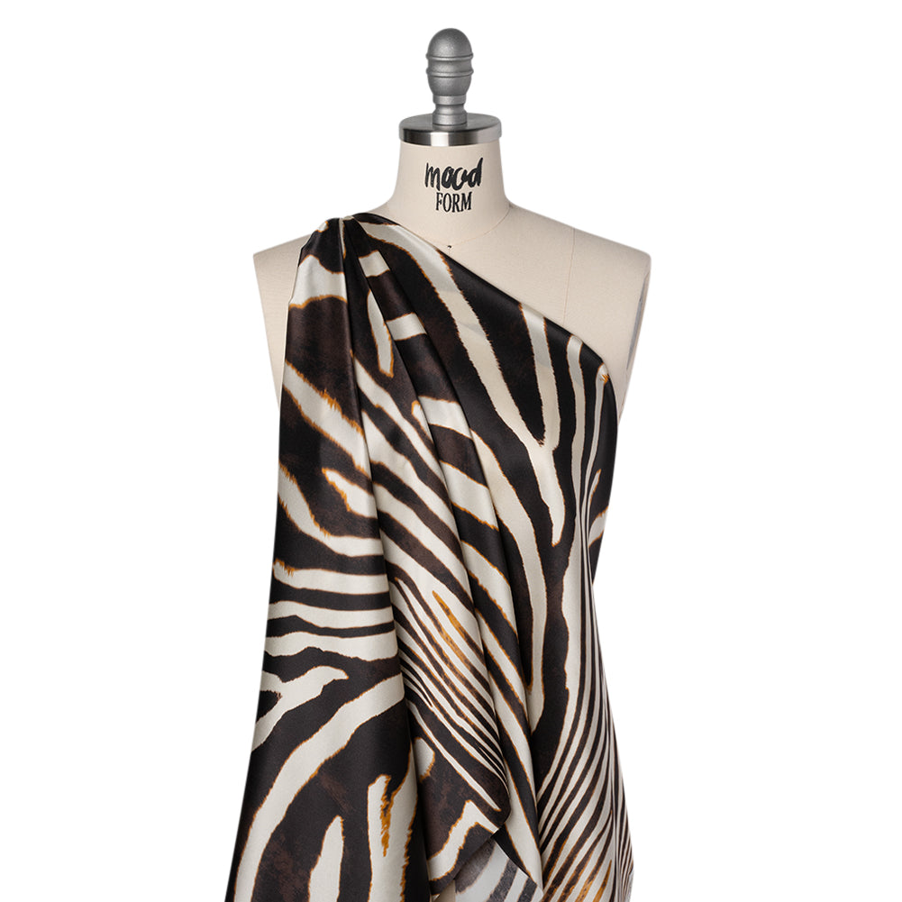 Silk Charmeuse Print 16MM, Made in Italy - Brown and Cream Animal Stripes