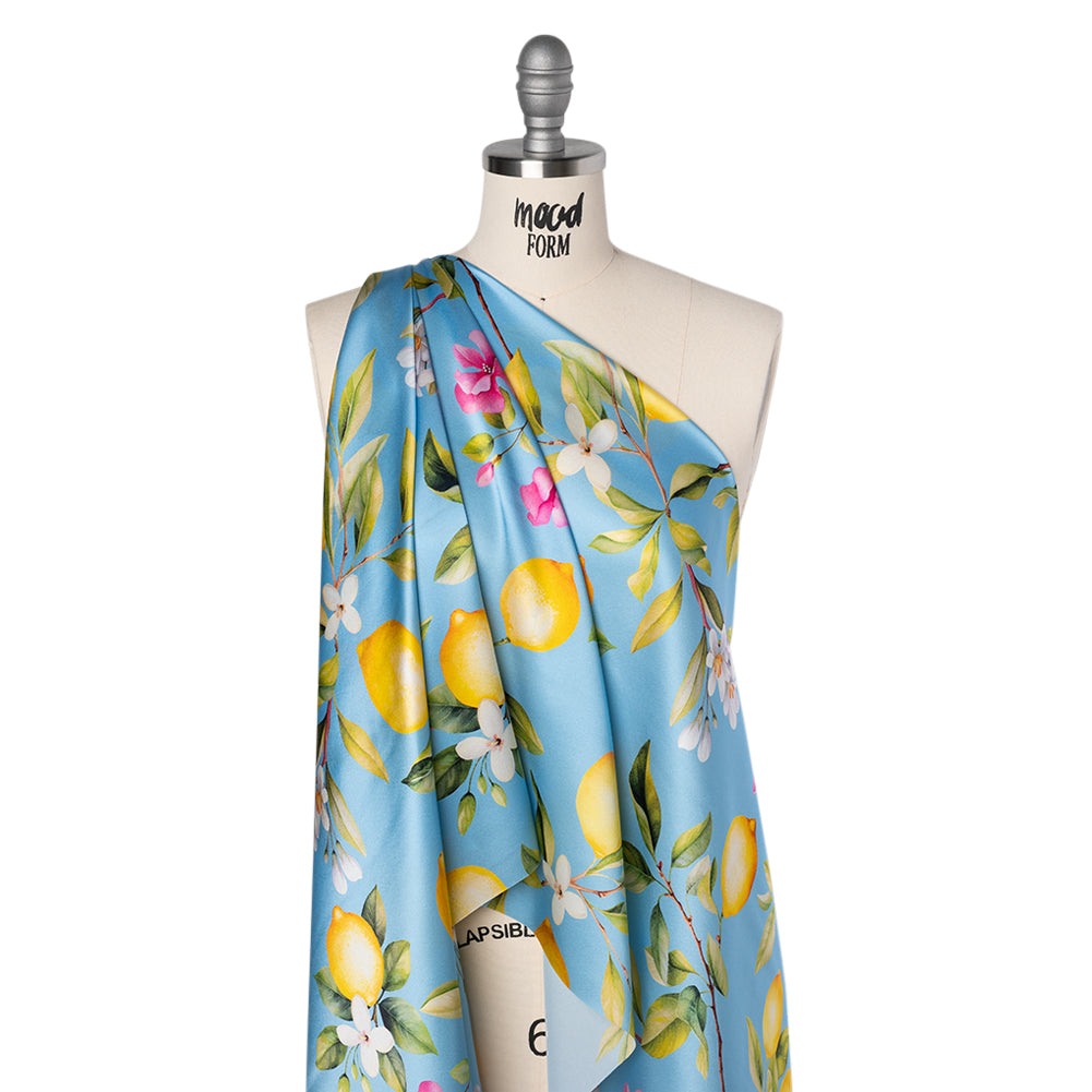 Silk Charmeuse Print 16MM, Made in Italy - Sky Blue, Green and Yellow Blossoming Lemon Tree - Folded