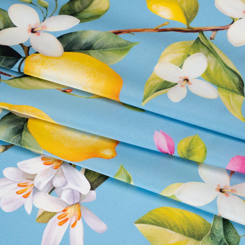 Silk Charmeuse Print 16MM, Made in Italy - Sky Blue, Green and Yellow Blossoming Lemon Tree - Detail