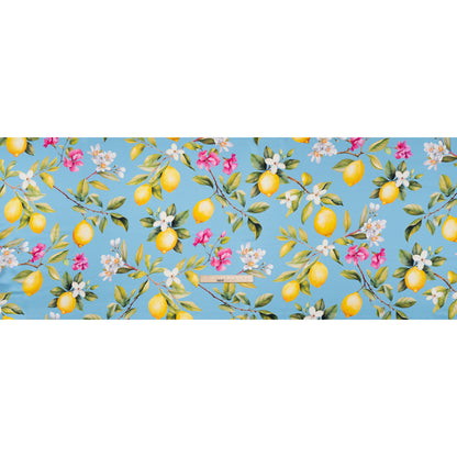 Silk Charmeuse Print 16MM, Made in Italy - Sky Blue, Green and Yellow Blossoming Lemon Tree