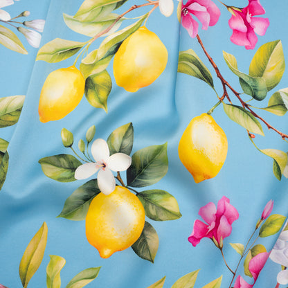 Silk Charmeuse Print 16MM, Made in Italy - Sky Blue, Green and Yellow Blossoming Lemon Tree