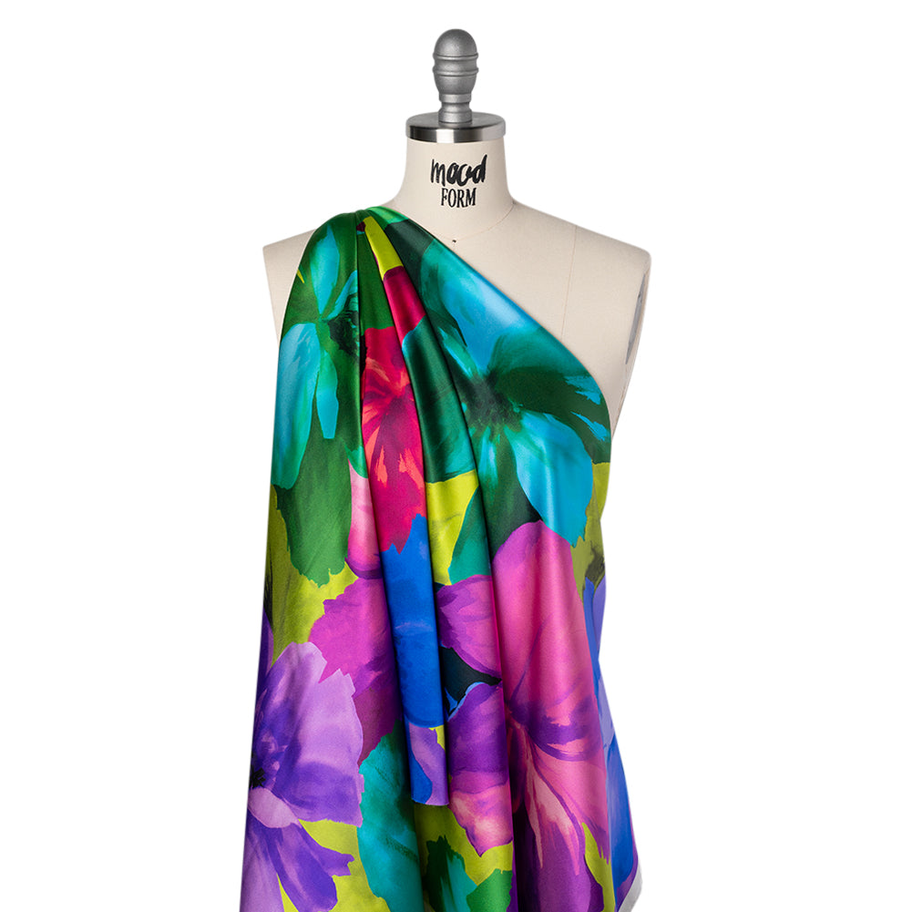 Silk Charmeuse Print 16MM, Made in Italy - Pink, Blue and Green Painterly Flowers - Folded