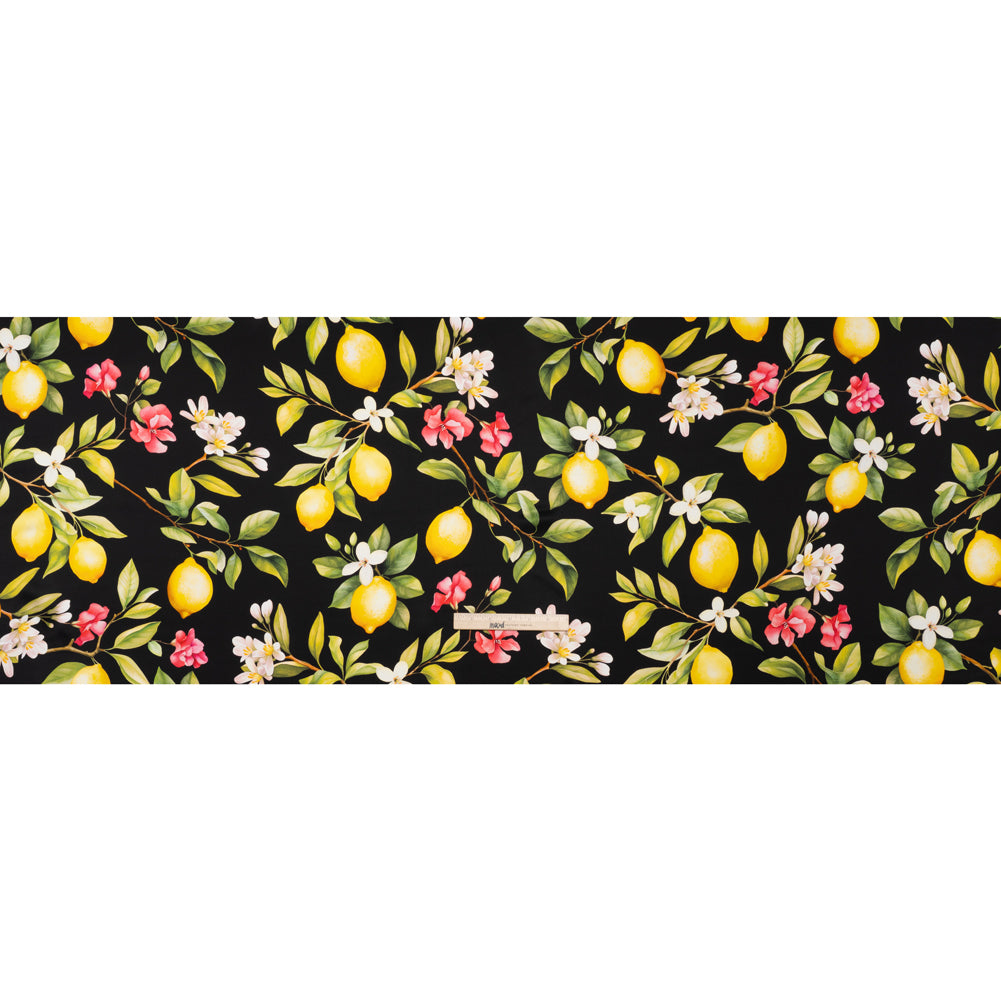 Silk Charmeuse Print 16MM, Made in Italy - Black, Green and Yellow Blossoming Lemon Tree